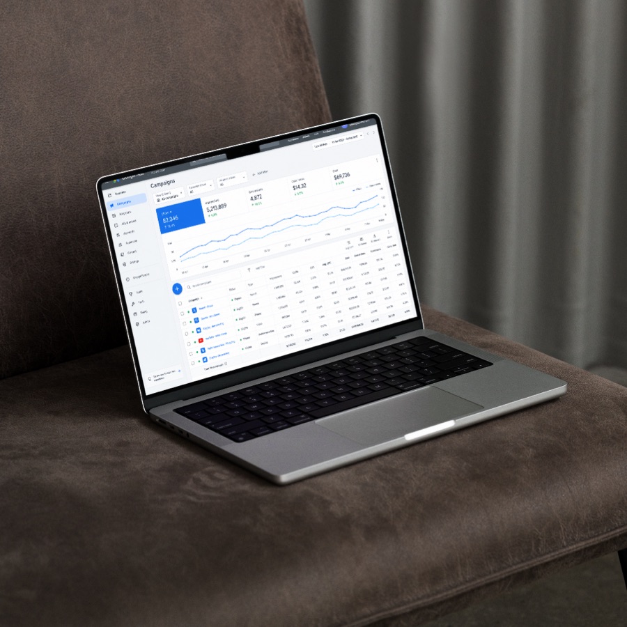 Google Ads campaign dashboard on a laptop